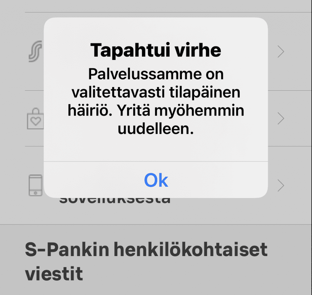 S-pankki: Tapahtui virhe
